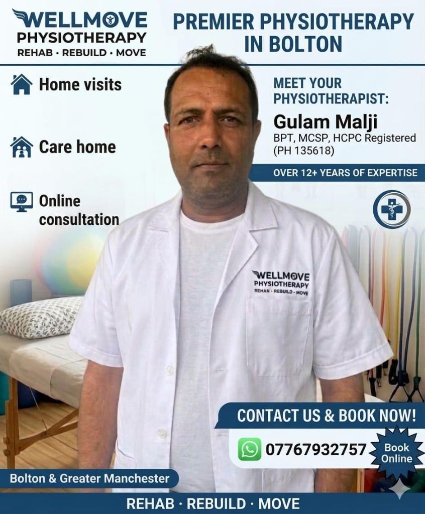 WellMove Physiotherapy brand poster featuring Gulam Malji